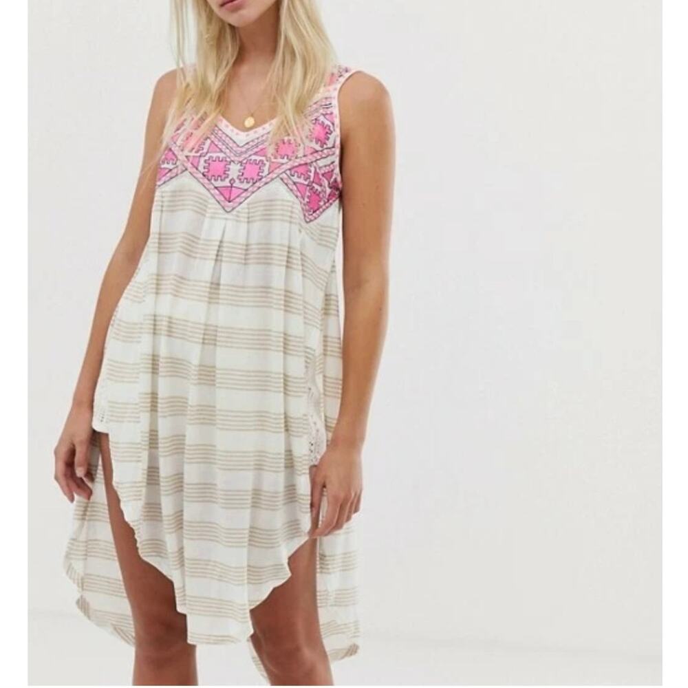 Free People Native Sun Embroidered Tunic Sand Size Large Boho Oversized